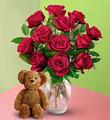 USA Valentine's Day USA,,:Dozen Roses with a Bear