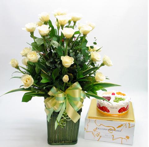 White Rose Basket with Cake